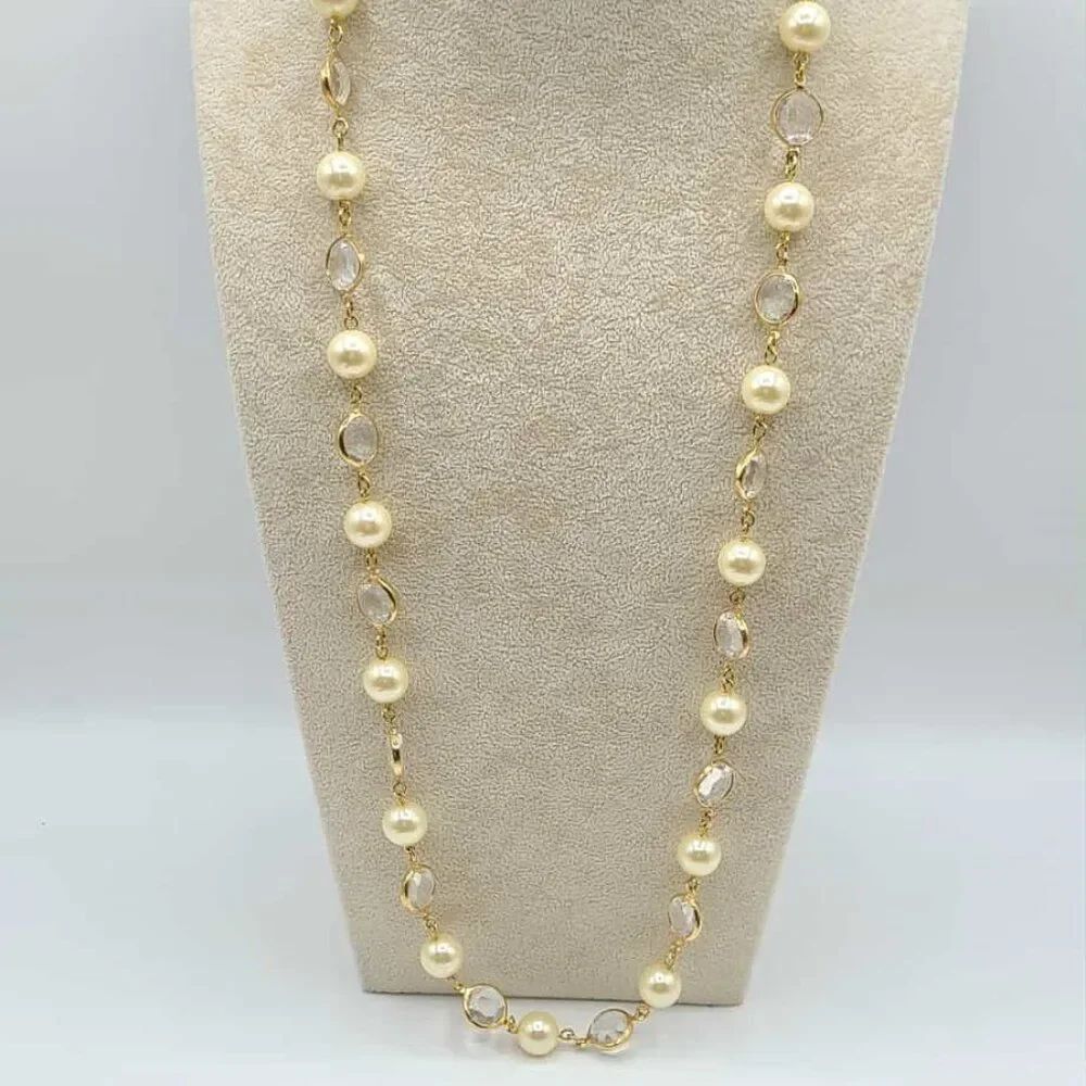 J Crew Faux Pearl Clear Gold Tone Station Necklace NWOT!
